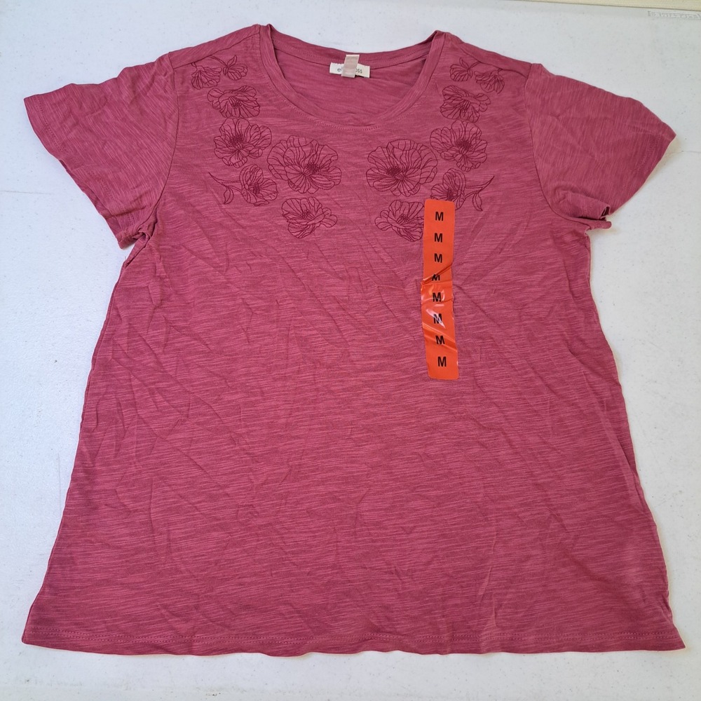 Ella Moss Floral Embroidered T-Shirt Womens Medium Rose Pink NWT Slub 1561-182